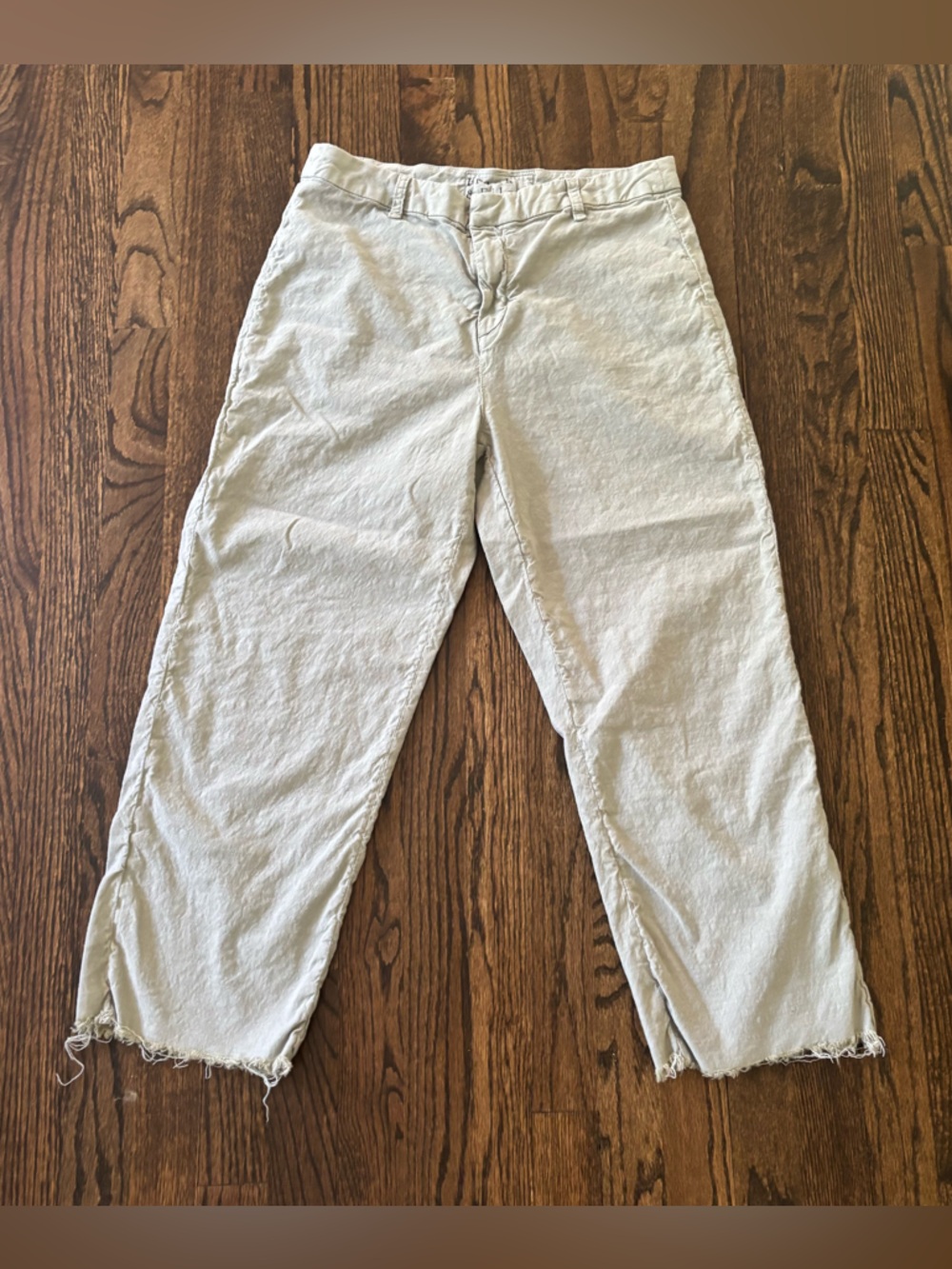 Frank & Eileen Kinsale Trouser Cropped Pants Raw Hem Sage Linen Blend Size 12